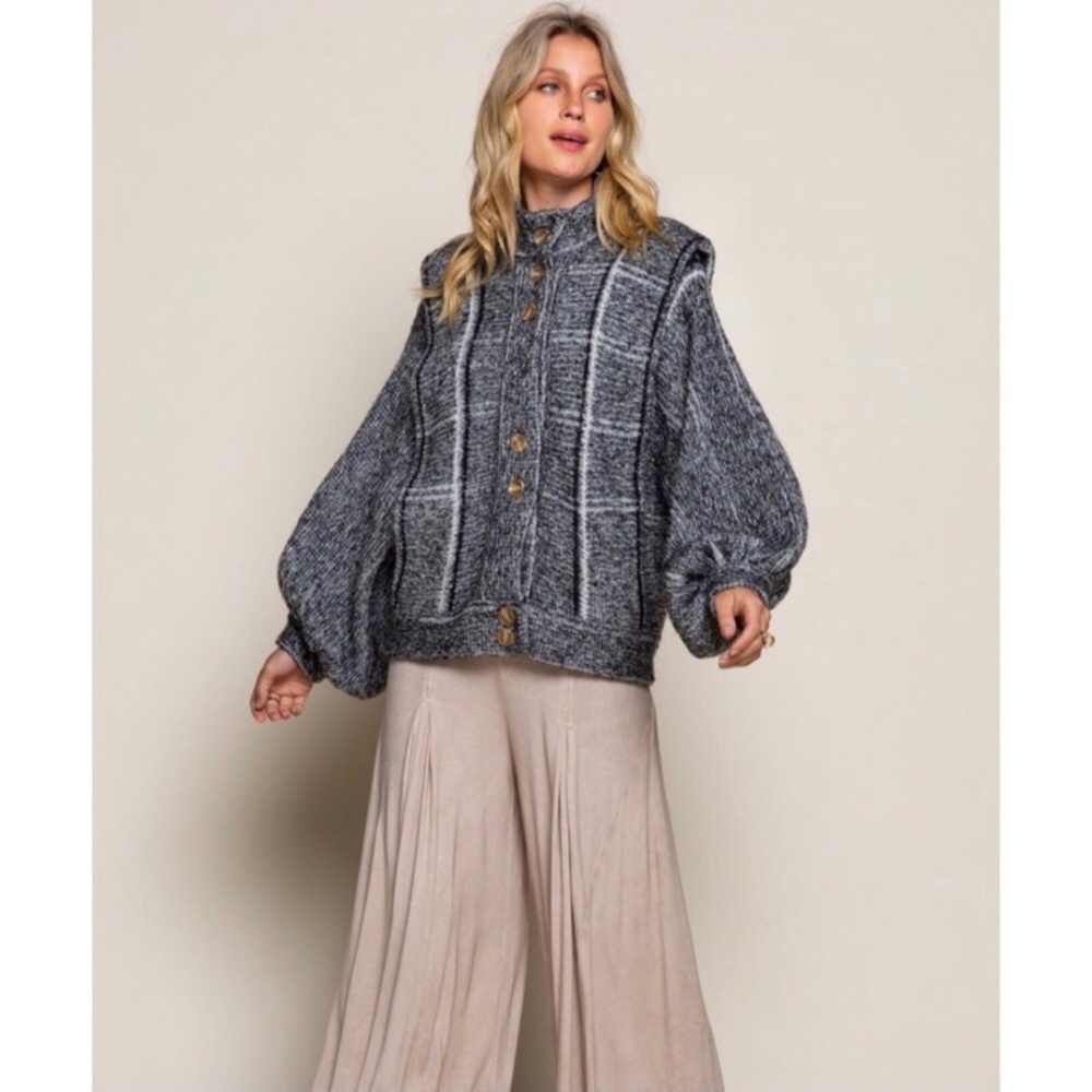 🔥SALE POL 80s Inspired Grey Plaid Soft Knit Sweater Coat - Picture 5 of 7